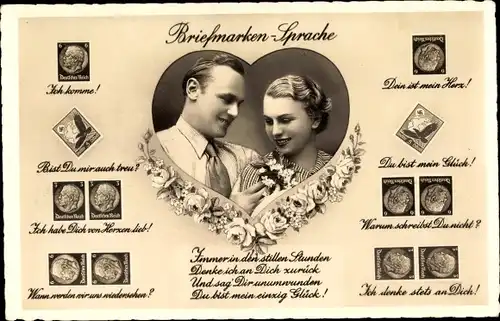 Ak Briefmarkensprache, Liebespaar, Du bist mein Glück