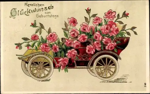 Präge Ak Glückwunsch Geburtstag, Wagen mit Rosen