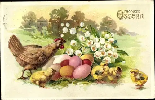 Ak Glückwunsch Ostern, Hühner, Küken, Ostereier, Maiglöckchen