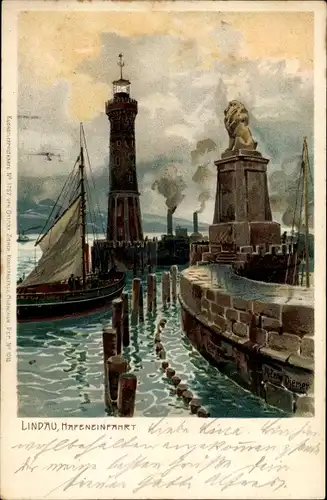 Künstler Litho Zeno Diemer, Lindau in Bodensee Schwaben, Leuchtturm, Mole, Hafeneinfahrt