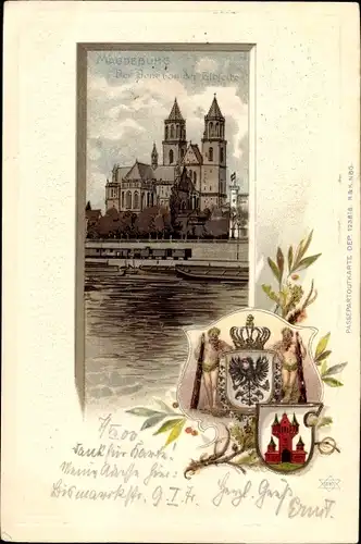 Präge Wappen Passepartout Ak Magdeburg in Sachsen Anhalt, Dom von der Elbseite