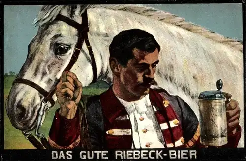 Künstler Ak Das gute Riebeck Bier, Mann mit weißem Pferd, Bierkrug, Reklame