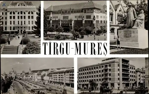 Ak Târgu Mureș Rumänien, Straßenpartie, Schule, Denkmal