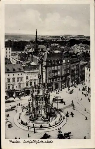 Ak Olomouc Olmütz Stadt, Dreifaltigkeitssäule, Straßenbahn