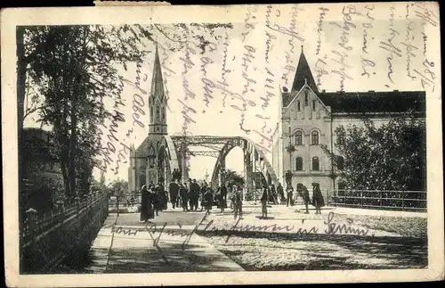 Ak Veliki Beckerek Zrenjanin Serbien, Straßenpartie mit Brücke und Kirche