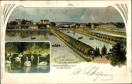 Litho Berlin Spandau, Spandauer Schifffahrts-Kanal, Etablissement Carlshof, Schwäne