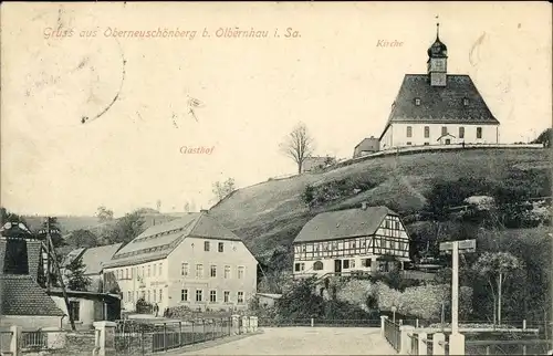 Ak Oberneuschönberg Olbernhau im Erzgebirge, Gasthof, Kirche