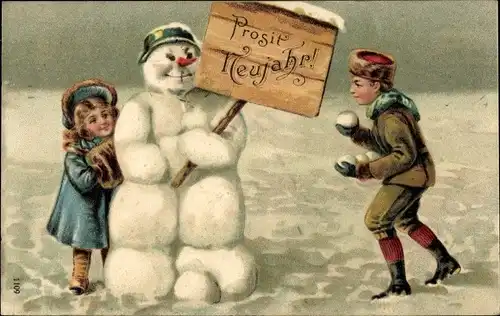 Präge Ak Glückwunsch Neujahr, Schneemann, Schneeball, Schneeball