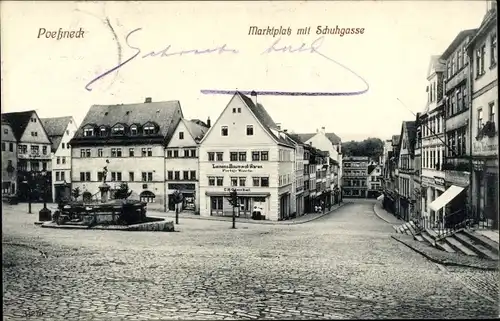 Ak Pößneck in Thüringen, Marktplatz mit Schuhgasse, Brunnen