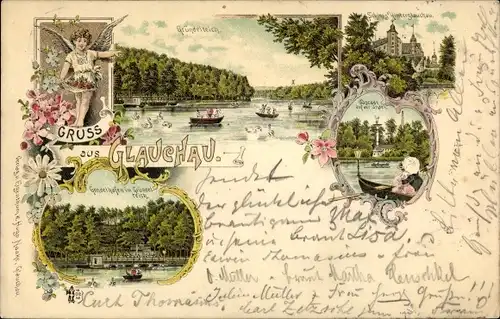 Litho Glauchau in Sachsen, Gründelteich, Engel, Blumen