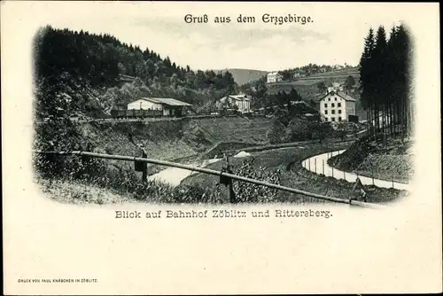 Ak Zöblitz Marienberg im Erzgebirge, Blick auf Bahnhof und Rittersberg