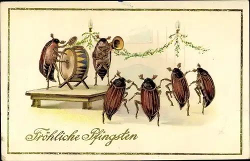 Ak Glückwunsch Pfingsten, Tanzende Maikäfer, Trommel, Konzert