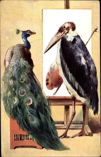 Ak Pfau bei Maler, Vogel, Farbpalette