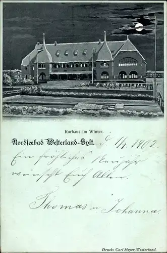 Mondschein Litho Westerland auf Sylt, Kurhaus im Winter