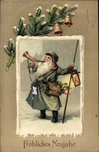 Präge Ak Glückwunsch Neujahr, Mann mit Handlaterne und Horn, Tannzweige, Glocken