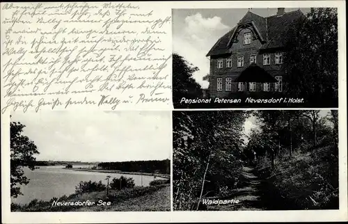 Ak Neversdorf in Schleswig Holstein, Pensionat Petersen, Waldpartie, Neversdorfer See