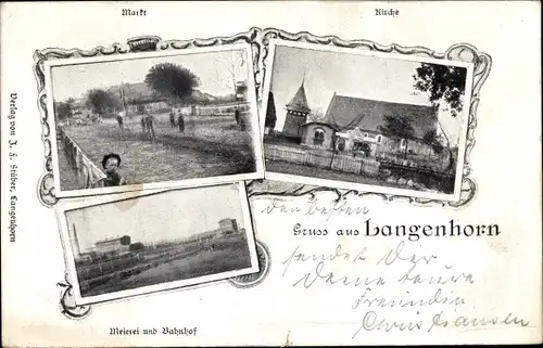 Ak Langenhorn in Nordfriesland, Kirche, Markt, Meierei, Bahnhof