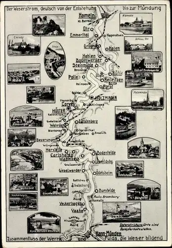 Landkarten Ak Hann. Münden, Der Weserstrom, Hameln, Höxter, Fulda, Werra