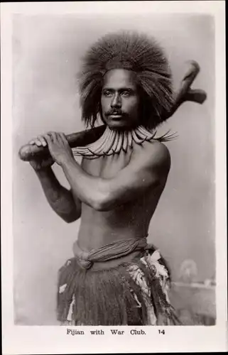 Ak Fidschi, Fijian with War Club, Männerportrait