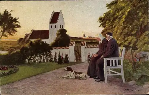 Künstler Ak Corona, Abendfrieden, Geistliche auf einer Bank, Hund, Kirche