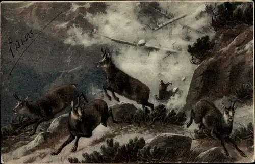 Künstler Ak Gämsen fliehen vor einem Erdrutsch