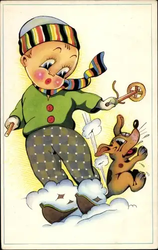 Ak Kind auf Skiern fährt Hund über den Schwanz