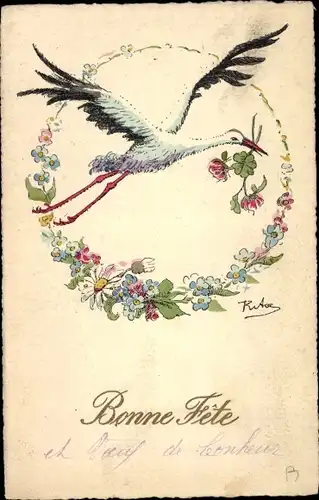 Ak Bonne Fete, Glückwunsch, Storch mit Kleeblättern, Blumenkranz