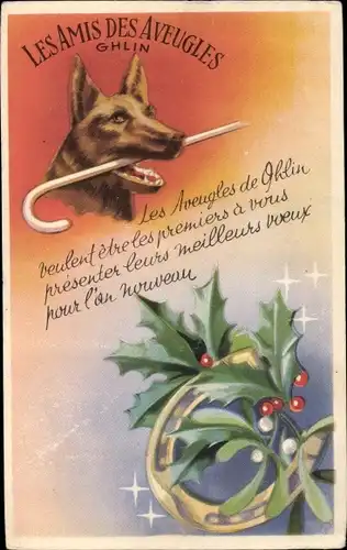 Ak Les Amis des Aveugles Ghlin, Blindenhund, Glückwunsch Neujahr, Hufeisen, Mistelzweig, Stechpalme