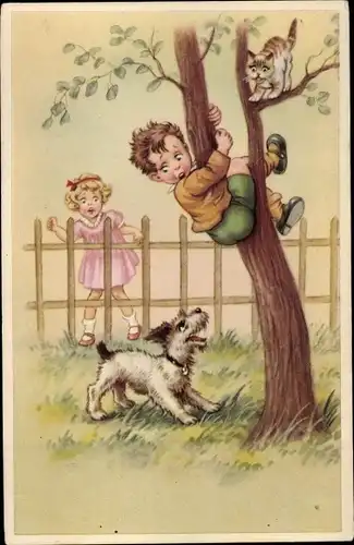 Künstler Ak Hund hat Kind und Katze auf einen Baum gejagt