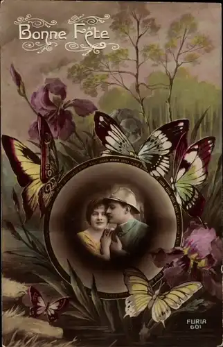 Ak Bonne Fete, Französischer Soldat mit Frau, Schmetterlinge