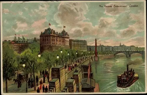 Litho London City England, The Thames Embankment, Sicht über Fluss, Brücke, Fähre