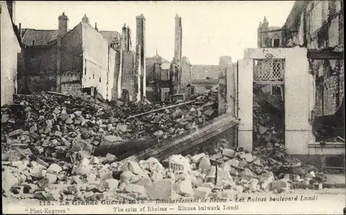 Ak Reims Marne, Le Crime de Reims, Bombardement, Les Ruines boulevard Lundi, 1914