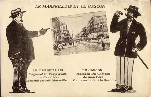 Ak Marseille Bouches du Rhône, Le Marseillais et le Gascon, Straßenszene