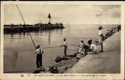 Ak Le Grau du Roi Gard, Les deux Rives, Les pecheurs a la ligne