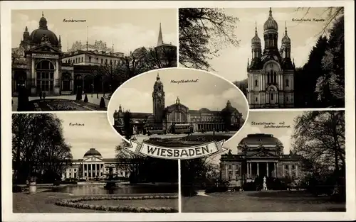 Ak Wiesbaden in Hessen, Hauptbahnhof, griechische Kapelle, Kurhaus, Staatstheater, Kochbrunnen