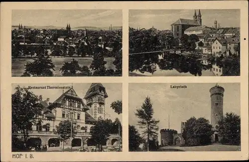 Ak Hof an der Saale Oberfranken Bayern, Restaurant Theresienstein, Labyrinth, Ortsansicht, Kirche