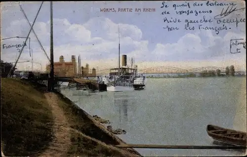 Ak Worms am Rhein, Partie am Rhein, Schiff