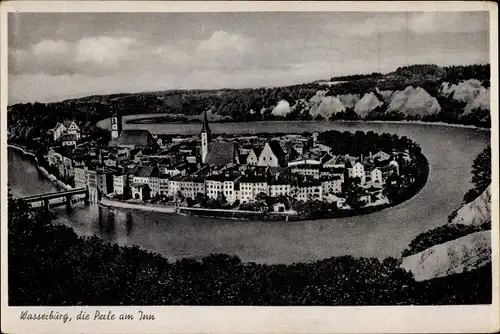 Ak Wasserburg am Inn in Oberbayern, Ortsansicht mit Fluss