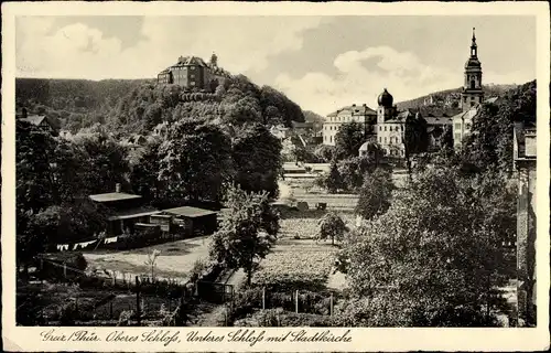 Ak Greiz im Vogtland, Oberes Schloss, unteres Schloss mit Stadtkirche, Panorama