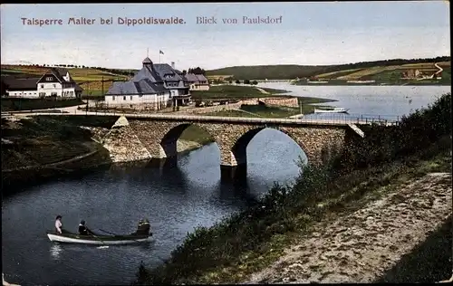 Ak Dippoldiswalde Sachsen, Talsperre Malter, Blick von Paulsdorf, Ruderpartie, Brücke