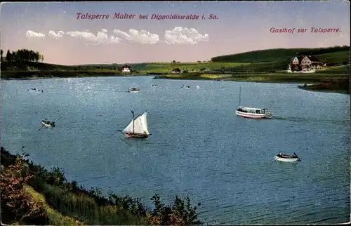 Ak Malter Dippoldiswalde im Osterzgebirge, Gasthof zur Talsperre, Boote, Panorama