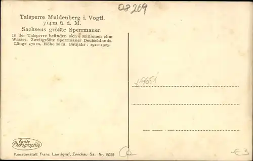 Ak Muldenberg Grünbach im Vogtland, Talsperre Muldenberg, Sachsens größte Sperrmauer