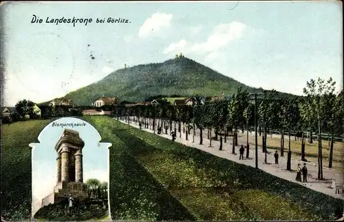 Ak Görlitz in der Lausitz, Blick auf die Landeskrone, Bismarcksäule, Allee