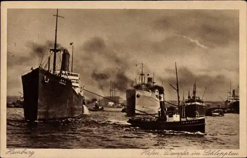 Ak Hamburg, Hafen, Dampfer im Schlepptau
