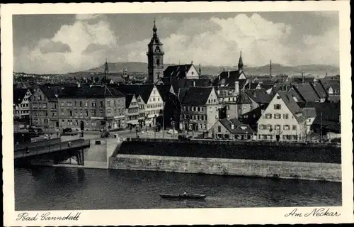 Ak Bad Cannstatt Stuttgart in Württemberg, Am Neckar, Panorama über Fluss, Brücke, Kirche