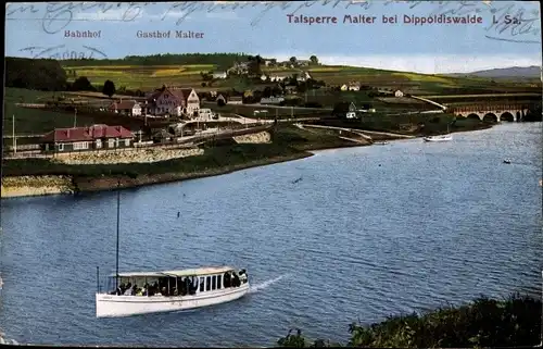 Ak Malter Dippoldiswalde, Bahnhof, Gasthof Malter, Talsperre, Boot