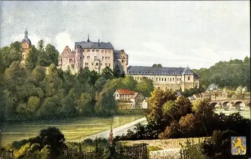 Künstler Ak Weilburg im Lahntal, Schloss, Lahnpartie, Brücke, Wappen, Burgen an der Lahn No. 12