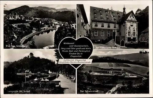 Ak Ziegenrück an der Saale Thüringen, Blick vom Schlossberg, Saalepartie, Rathaus, Schwimmbad