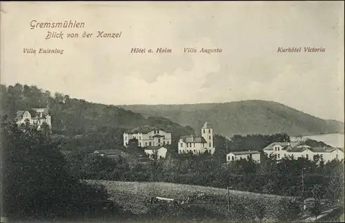 Ak Gremsmühlen Malente in Ostholstein, Blick von der Kanzel, Villa Eulenlug, Hotel, Villa Augusta