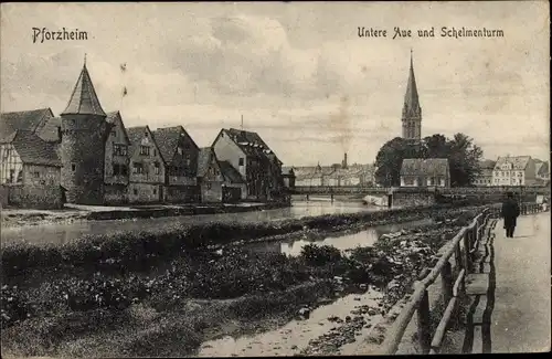 Ak Pforzheim im Schwarzwald, Untere Aue und Schelmenturm